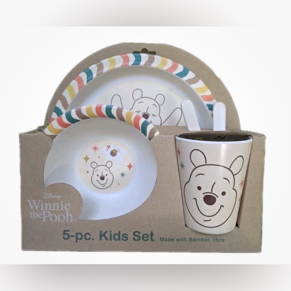 New in Box DISNEY WINNIE THE POOH 5 Piece Bamboo Plate Bowl Cup Fork Spoon Set